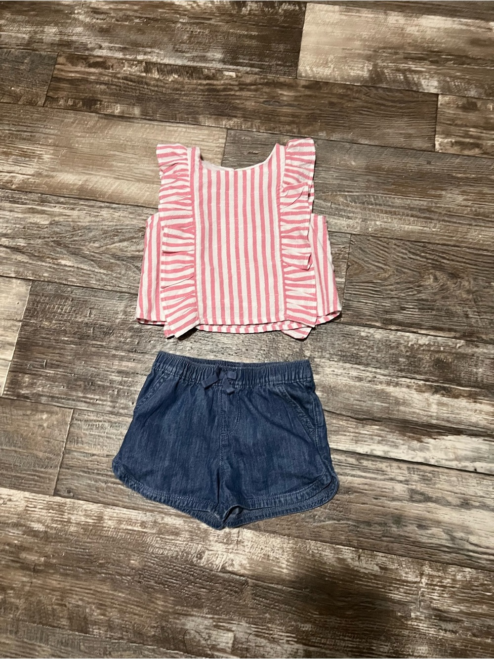 The Children's Place Pink & Navy Striped Ruffle Tank with Knit Shorts